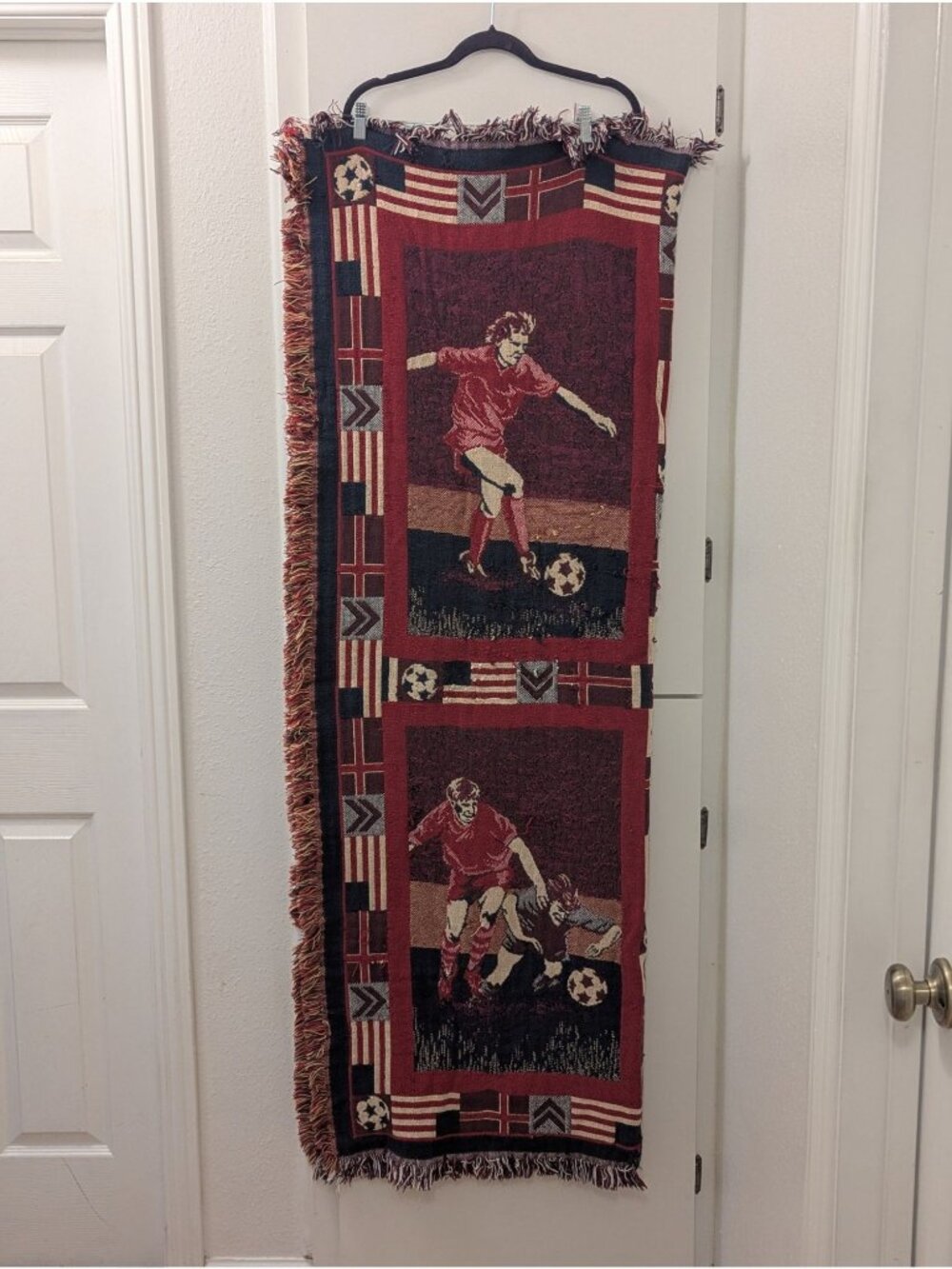 Vintage Woven Soccer Throw Blanket With Fringe Edges - Red Blue & Beige Design F